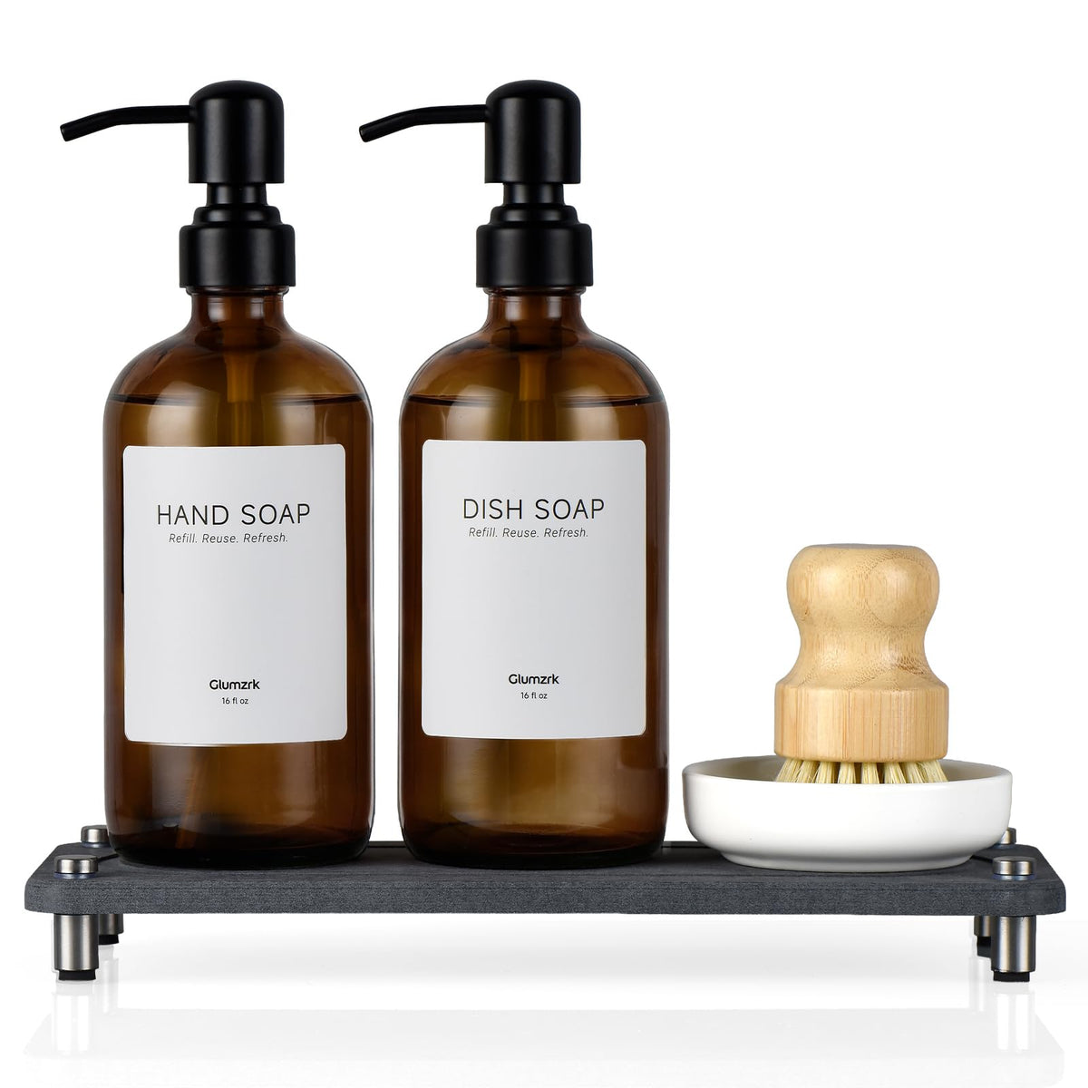 Glumzrk amber glass soap dispensers with 16oz capacity for organized countertops.