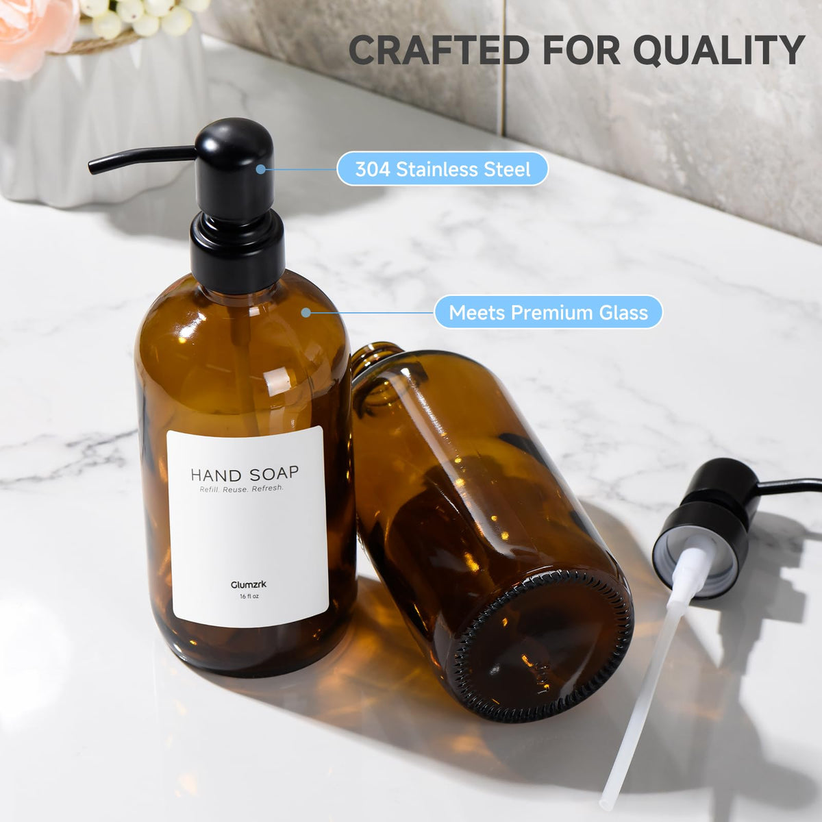 Glumzrk bamboo dish brush paired with a tidy countertop setup.