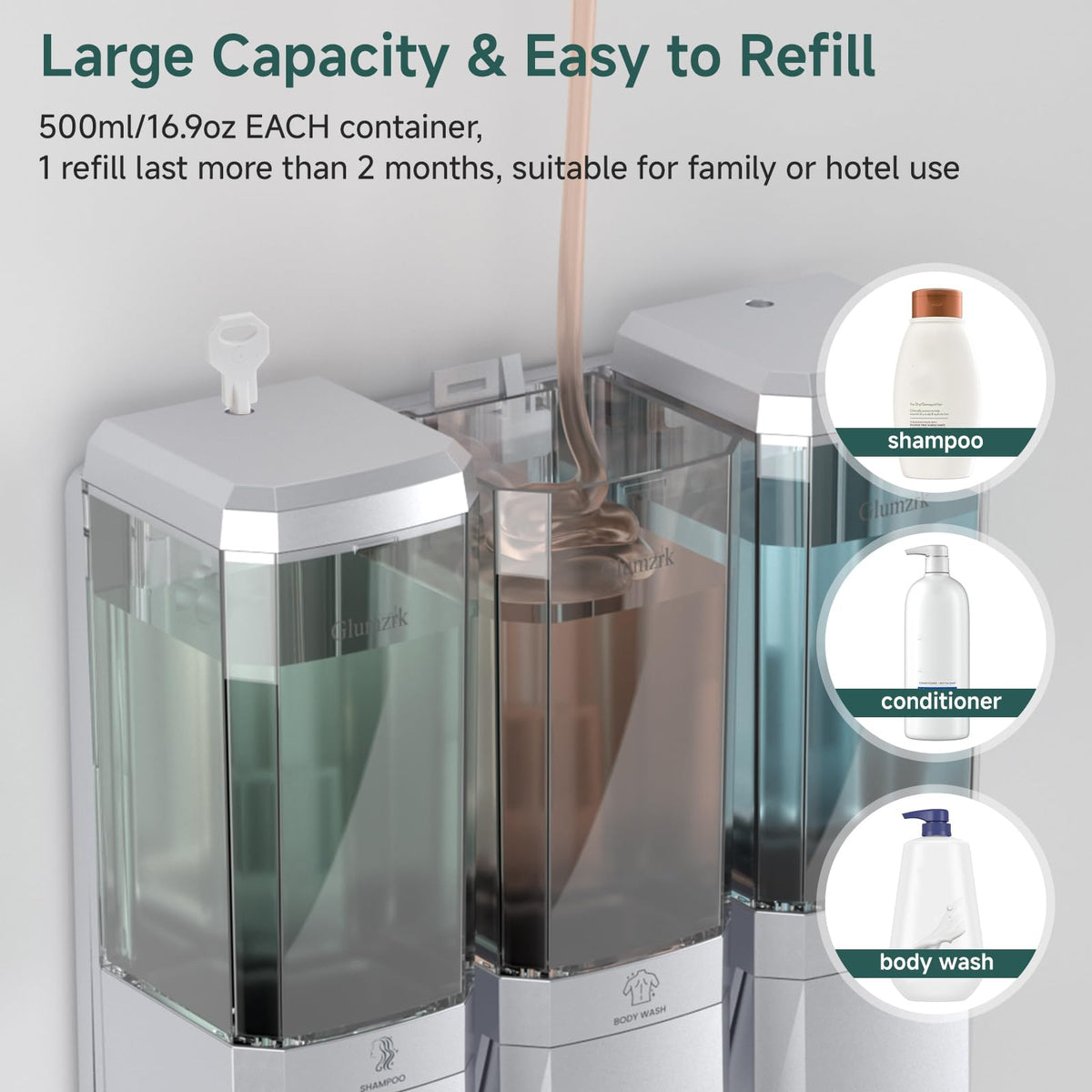 Glumzrk body wash dispenser with three chambers for shared baths.