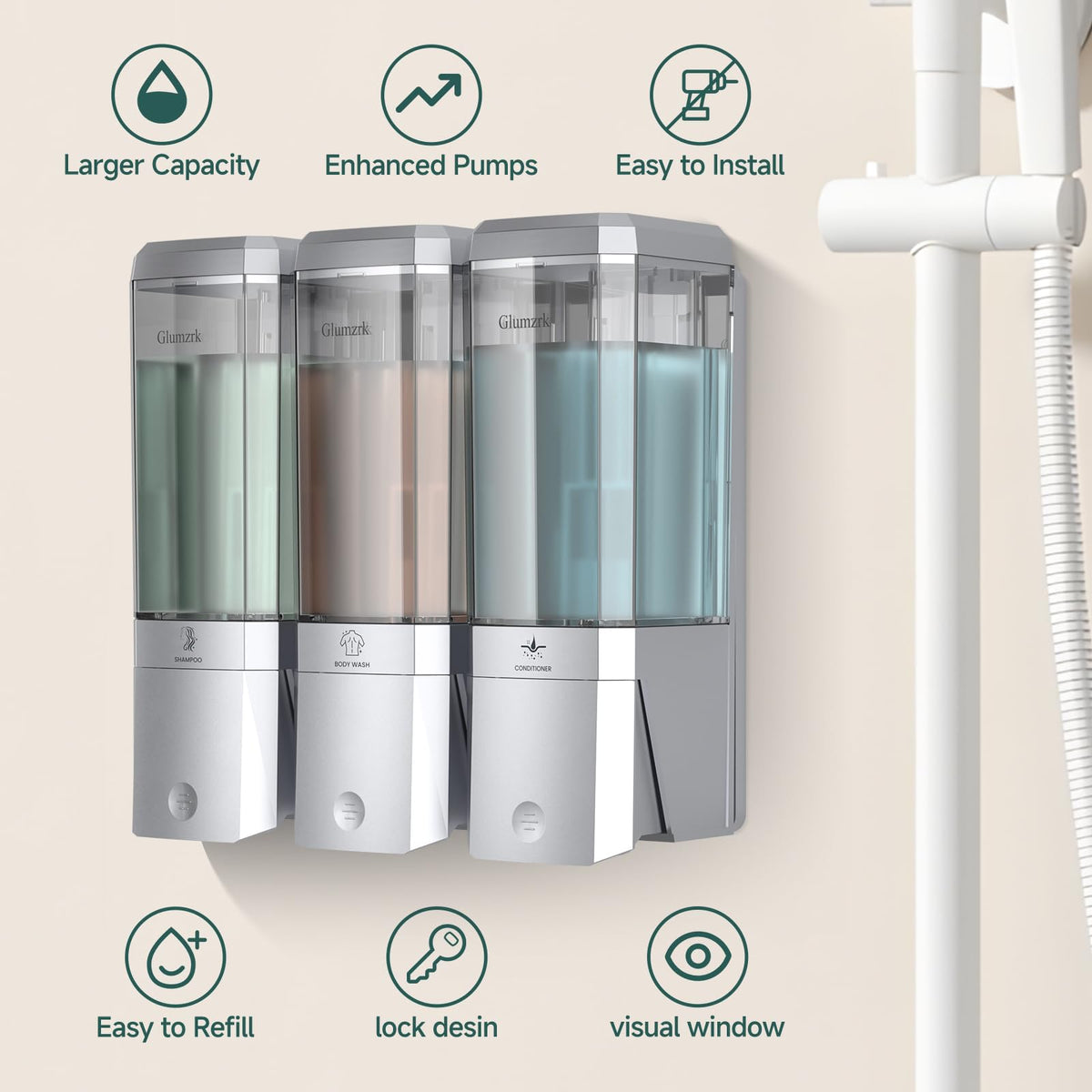 Glumzrk conditioner dispenser wall-mounted with three chambers for easy access.