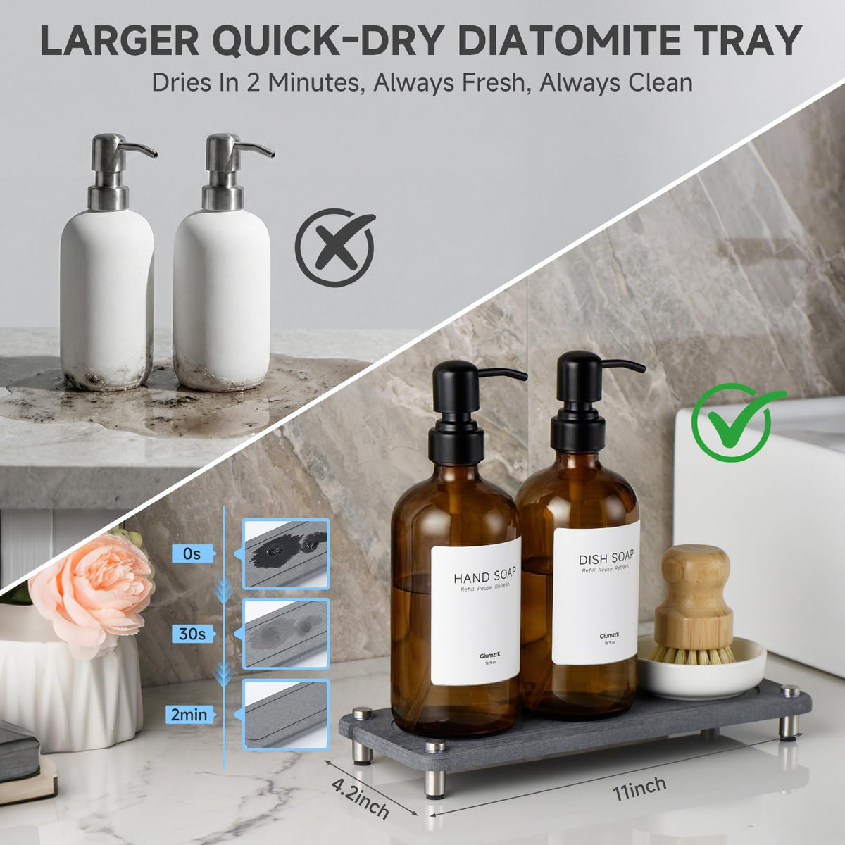 Glumzrk instant-dry diatomite tray keeps the sink area clean and dry.