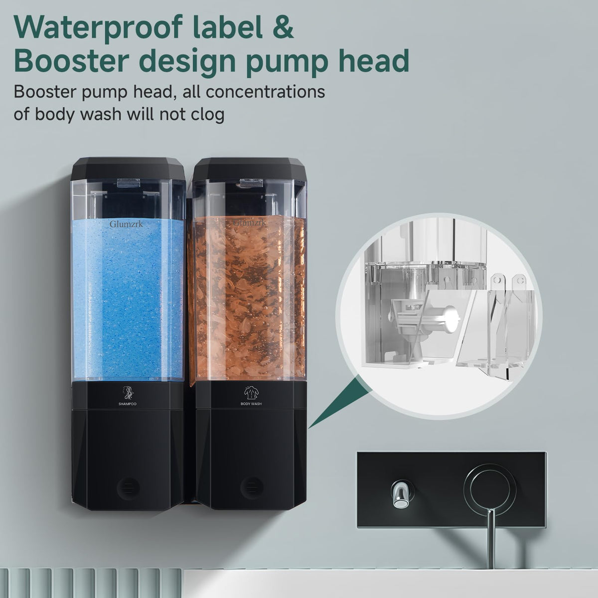 Glumzrk refillable shampoo and conditioner dispenser for easy restocks.