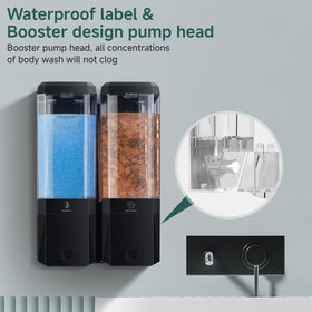 Glumzrk refillable shampoo and conditioner dispenser for easy restocks.