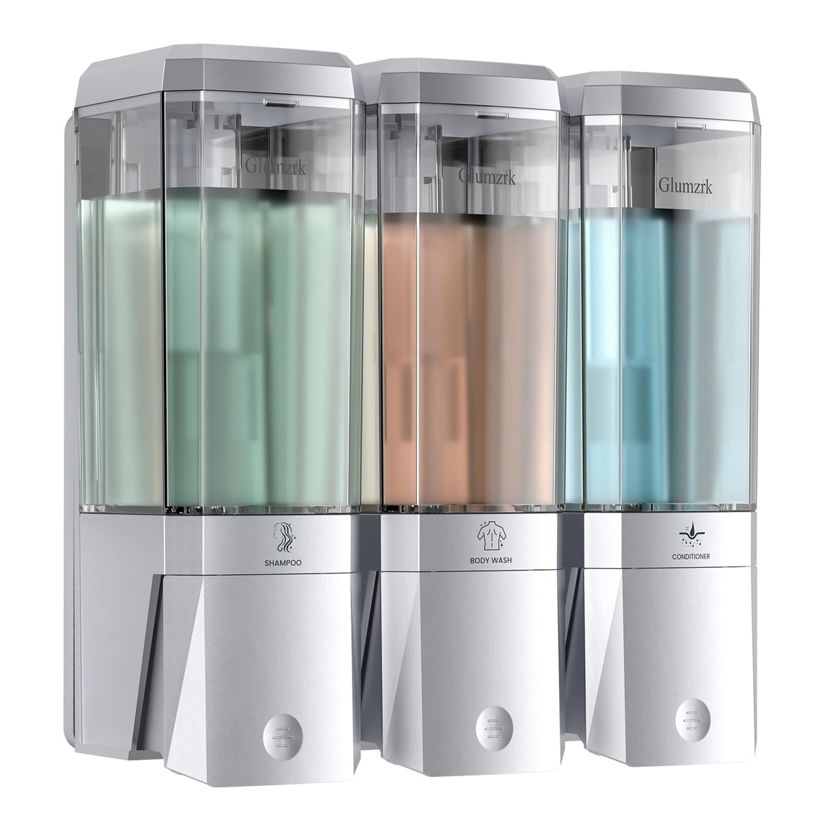 Glumzrk shampoo dispenser wall-mounted with three chambers for organized shower storage.
