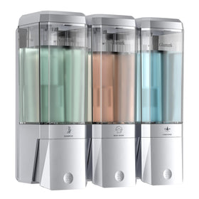 Glumzrk shampoo dispenser wall-mounted with three chambers for organized shower storage.