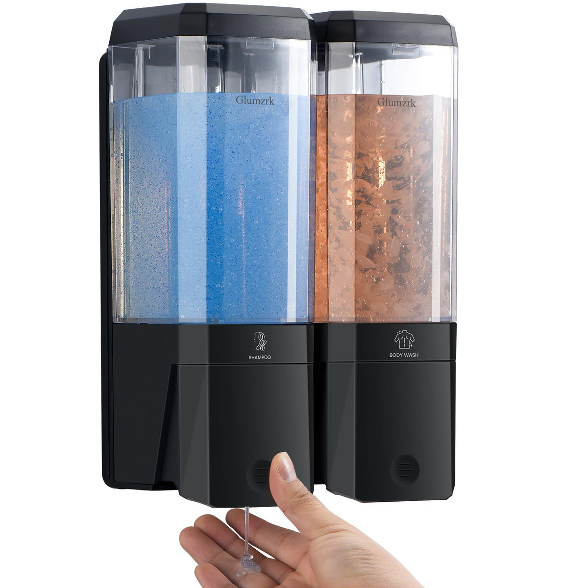 Glumzrk wall-mounted two-chamber dispenser keeping shower essentials tidy.
