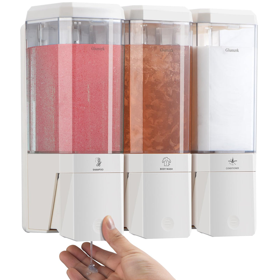 Glumzrk wall mounted 3 chamber dispenser keeps shower products organized