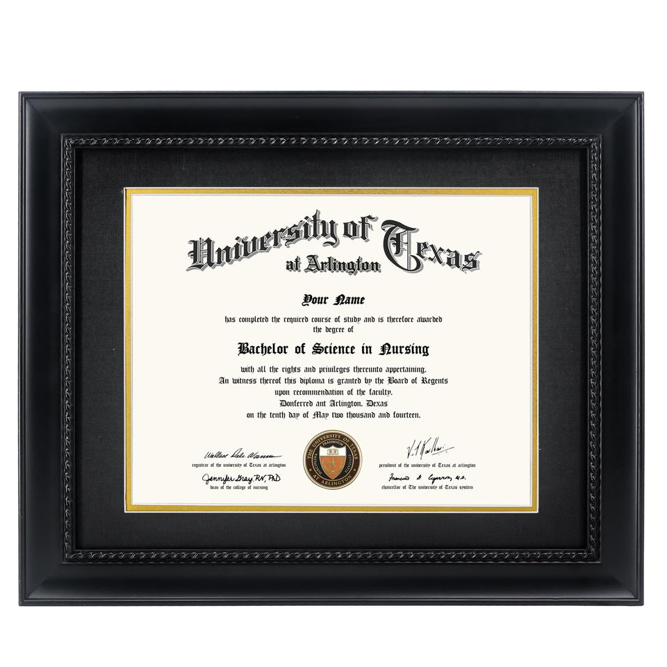 GMFrames diploma frame in black with rope detail showcasing 8.5x11 certificate with UV protection.