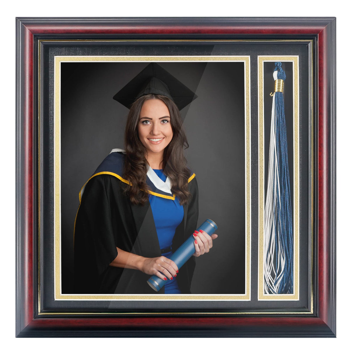 GMFrames graduation shadow box 8x10 front view with tassel holder protects memories.