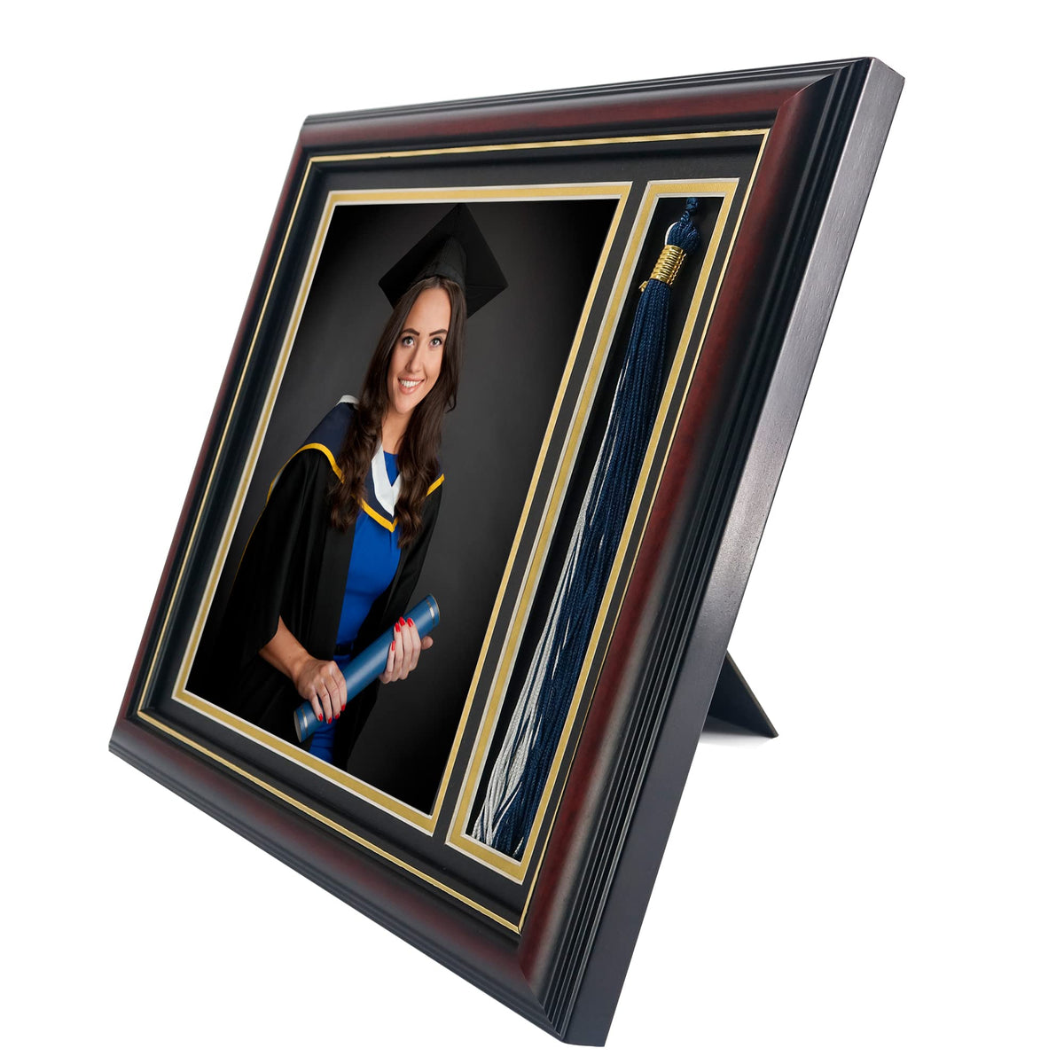 GMFrames mahogany wood grain finish close-up shows premium craftsmanship.
