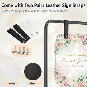 GMFRXII sign stand with leather straps enables wobble-free hanging signs