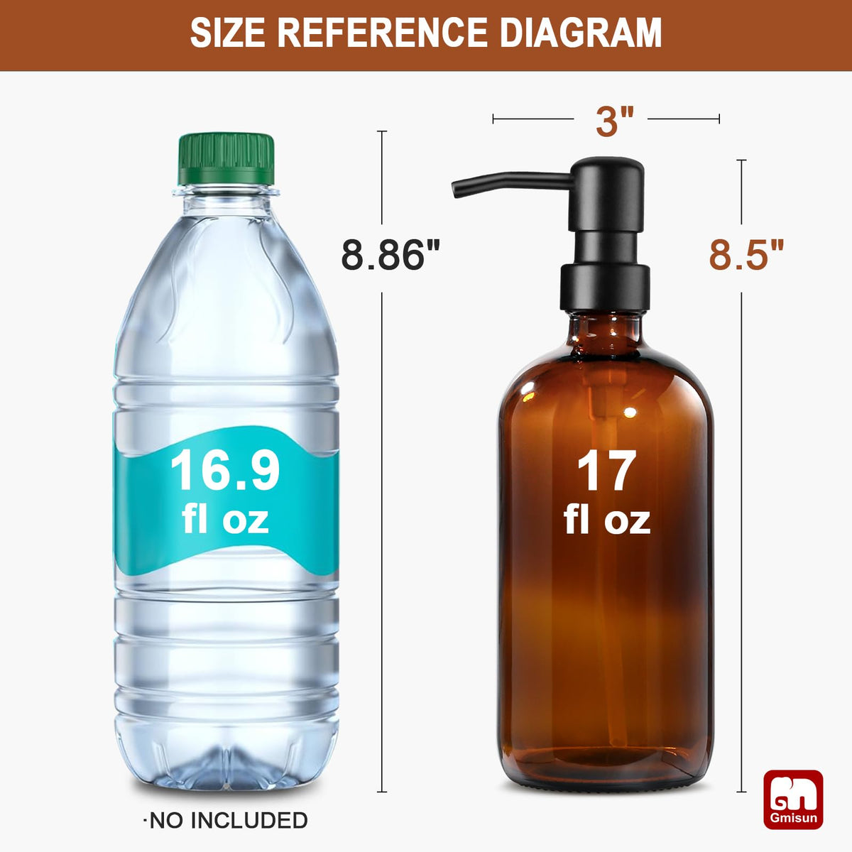 GMISUN amber glass dispenser pump closeup shows sturdy metal mechanism.