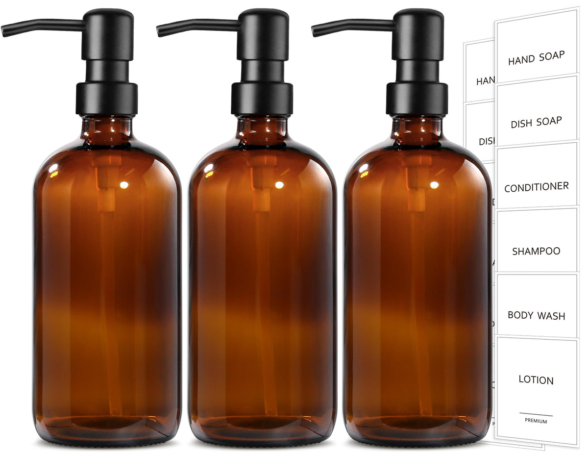 GMISUN amber glass dispenser set on display in bathroom and kitchen.