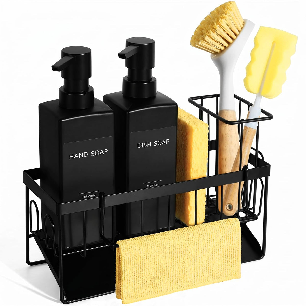 GMISUN dish soap dispenser with sponge holder shows automatic drainage for dry sponges.