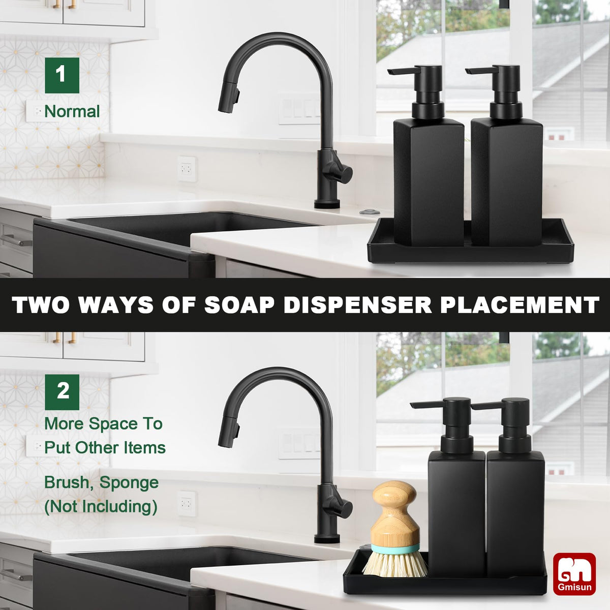 GMISUN dispenser tray neatly holds sponges and brushes beside the soap bottles.