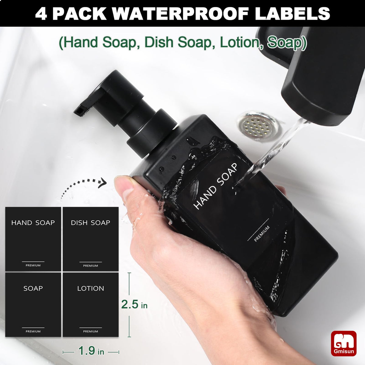 GMISUN label stickers help distinguish hand soap, dish soap, soap, and lotion.
