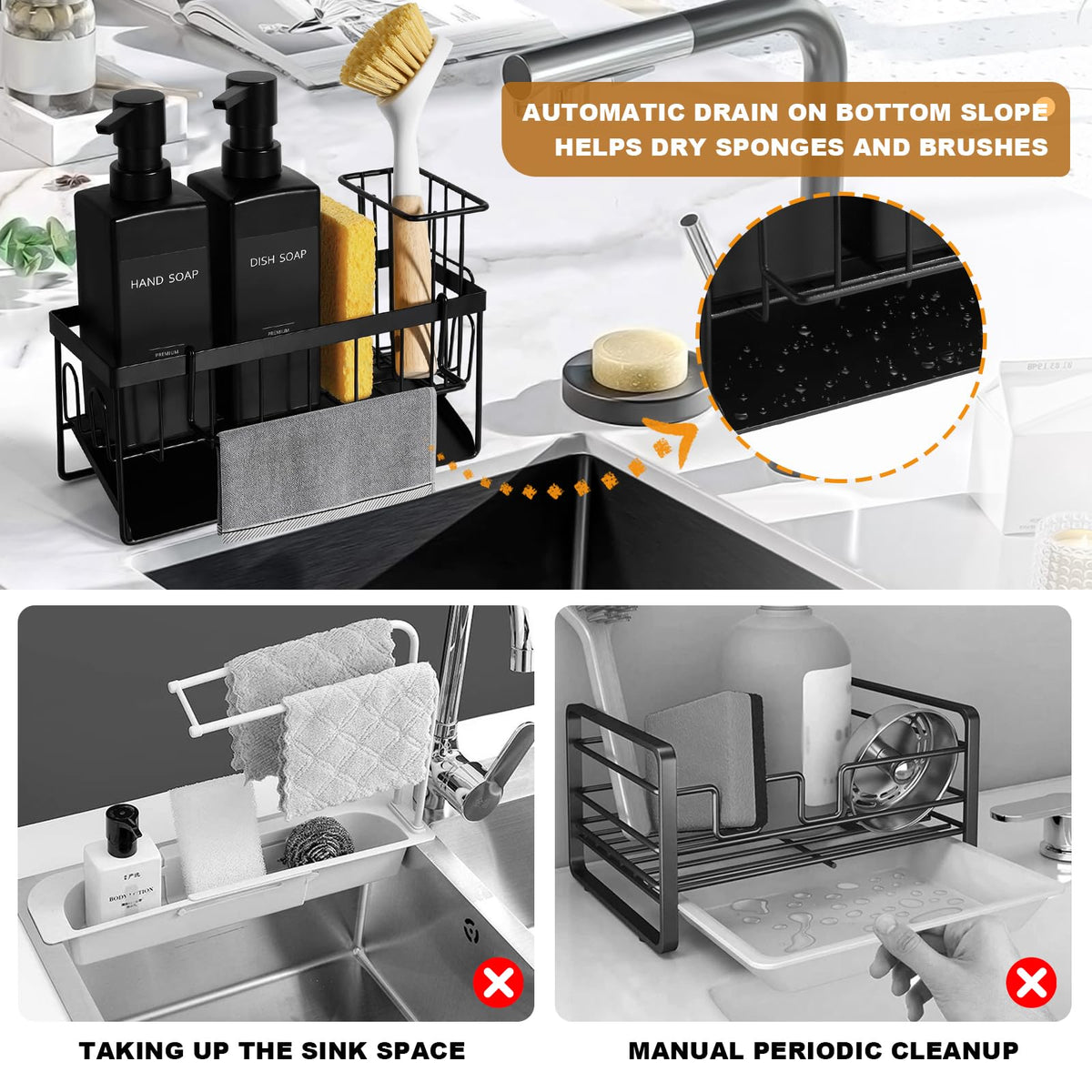 GMISUN square matte black dish soap dispenser dual set for organized kitchen use.