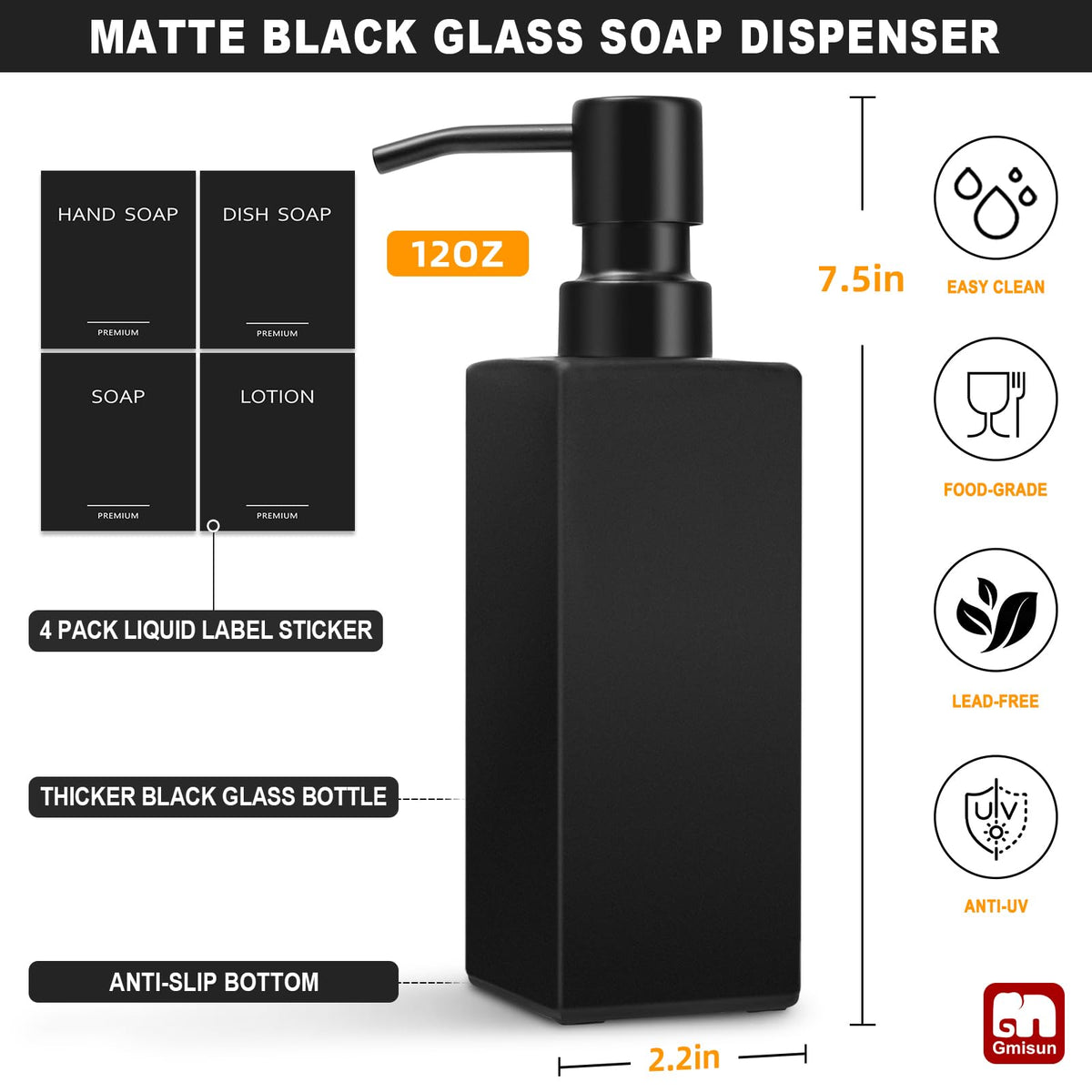 GMISUN stainless steel pump close-up on a black glass dispenser