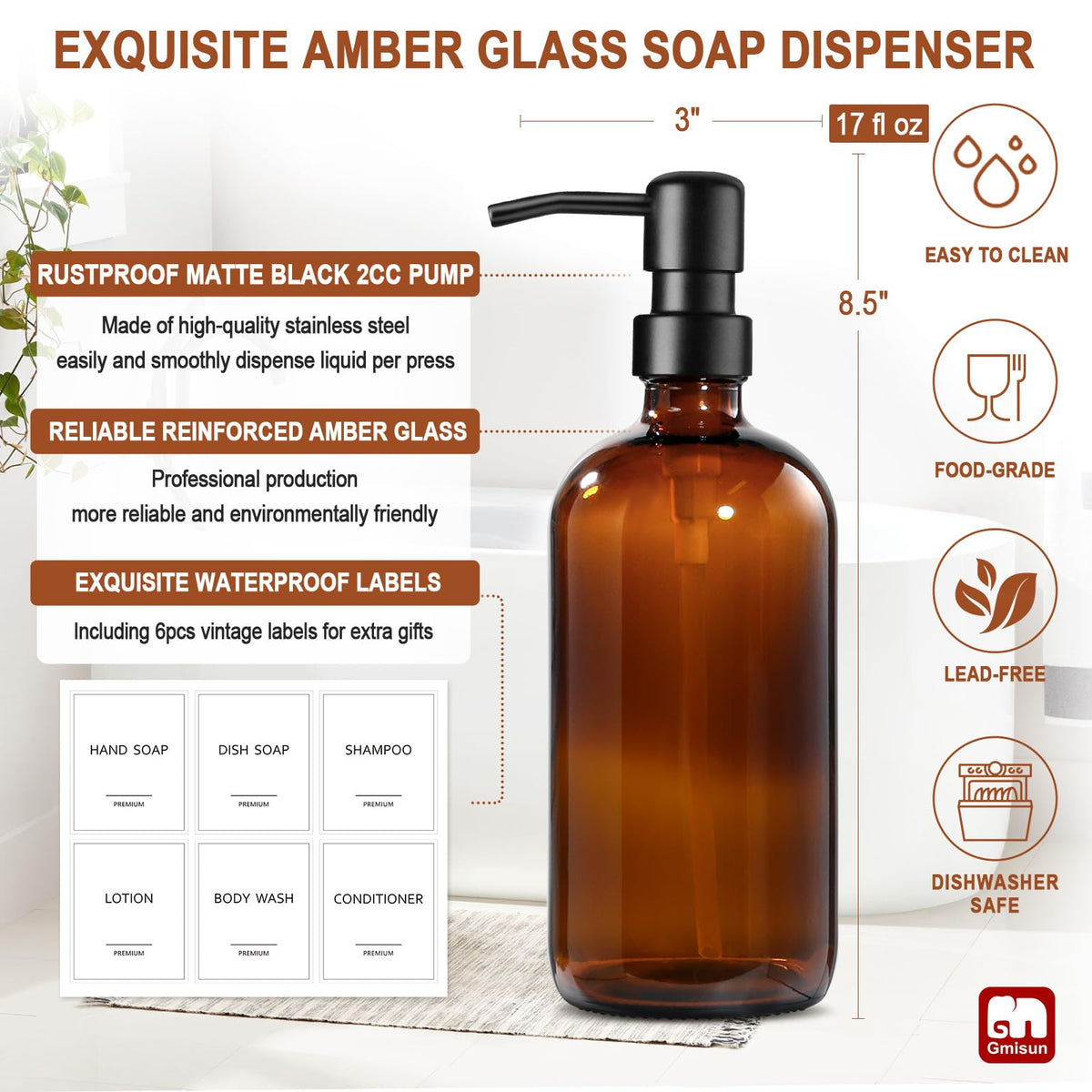 GMISUN stainless steel pump delivers durable, smooth soap dispensing.