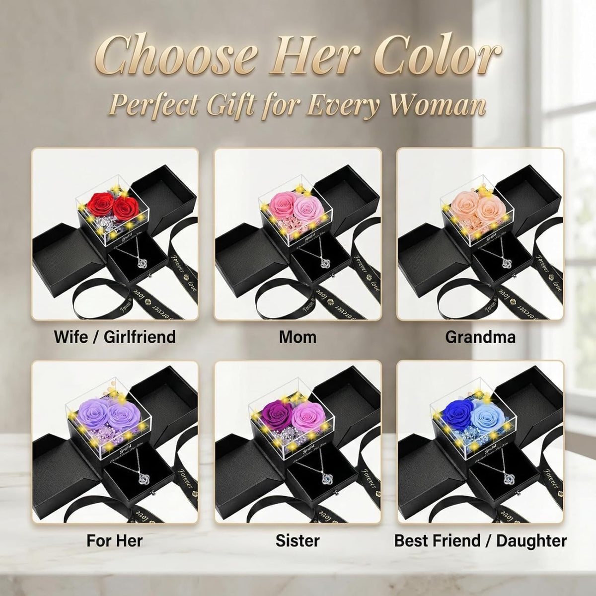 Gift bag and rose box presentation enhances special occasions.
