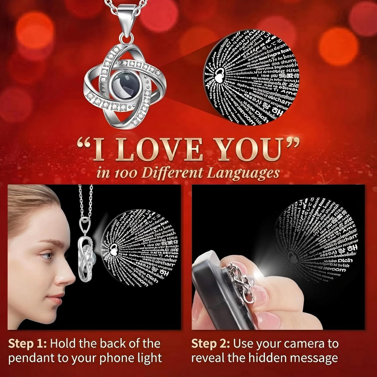 Gnifot I Love You necklace in 100 languages complements a timeless keepsake.