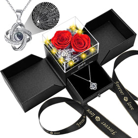 Gnifot preserved red rose necklace set in a gift ready presentation.