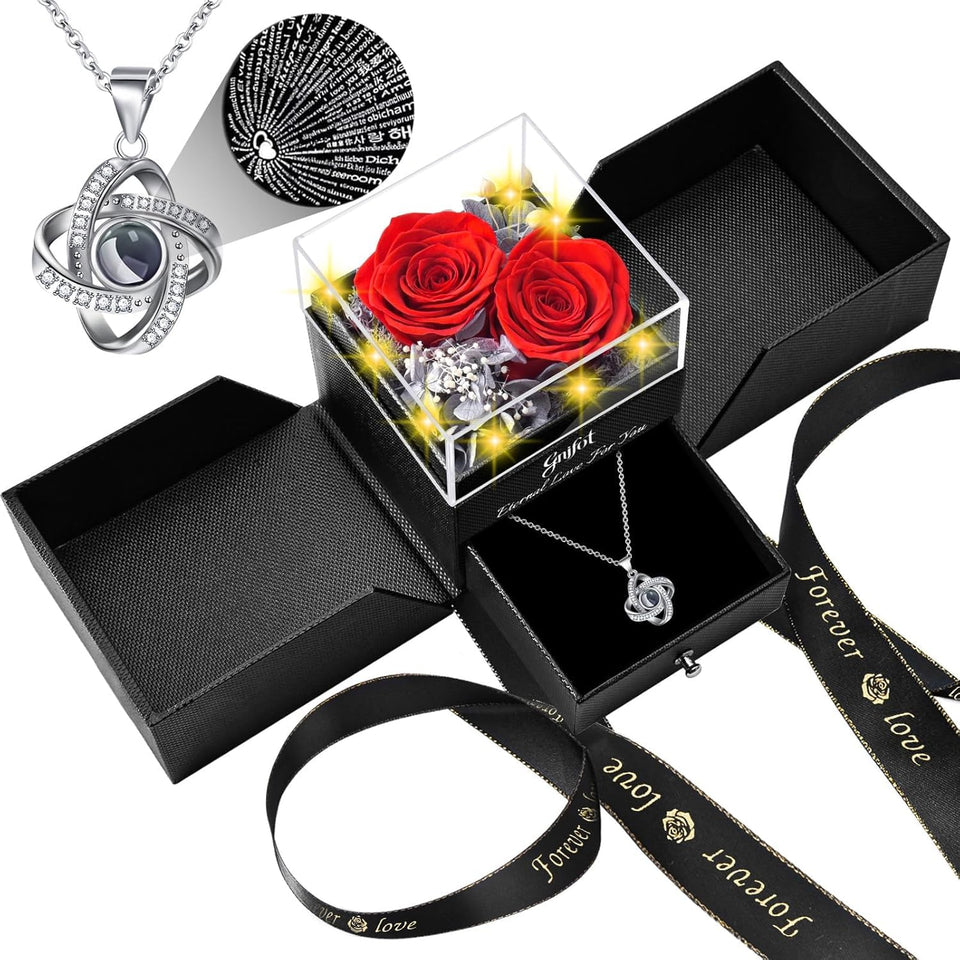 Gnifot preserved red rose necklace set in a gift ready presentation.