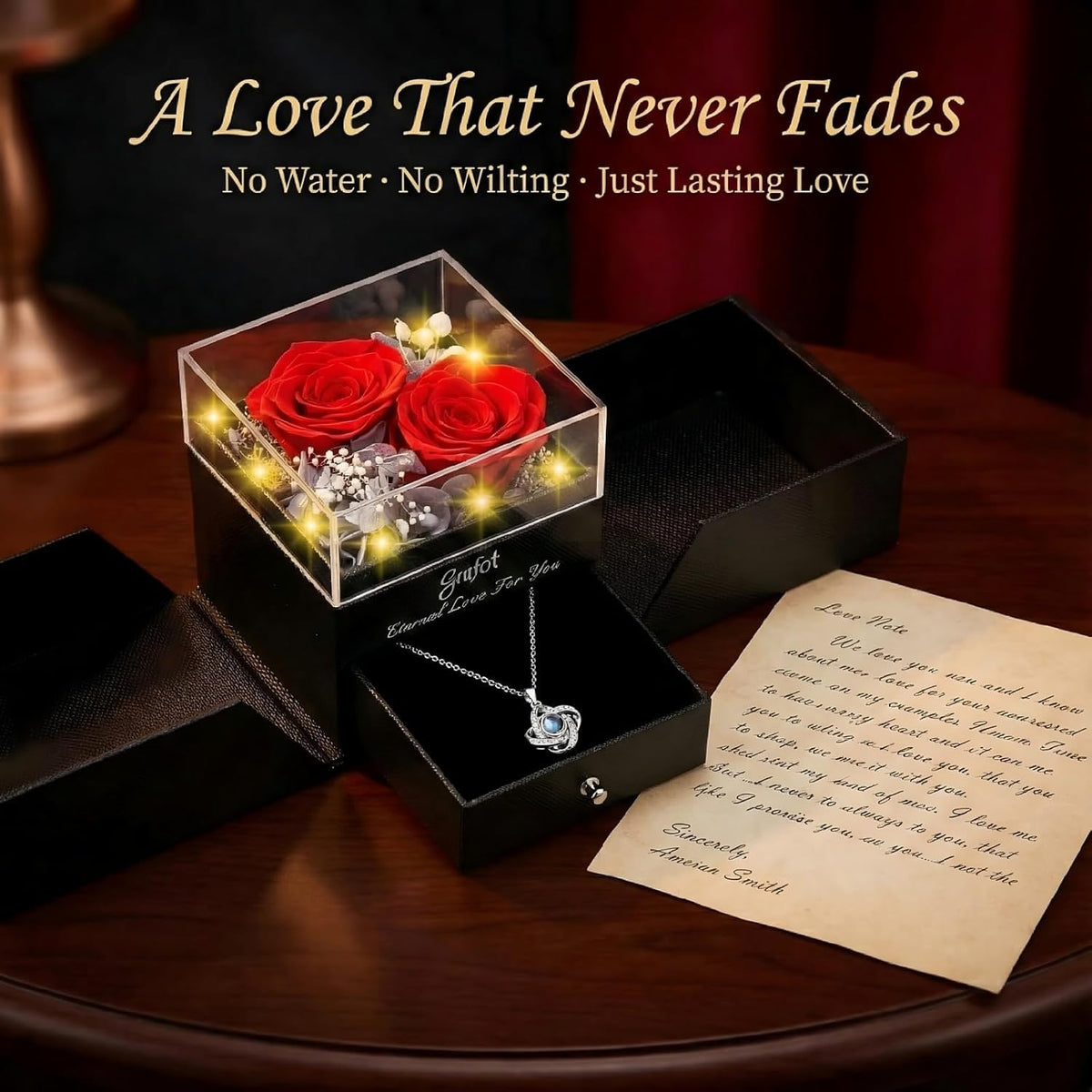 Two preserved roses arranged in Gnifot box highlight lasting beauty.