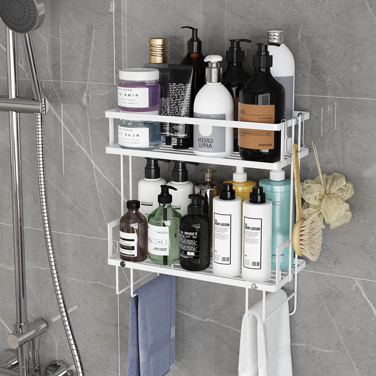 Godboat two-tier floating shelves neatly display toiletries and essentials.
