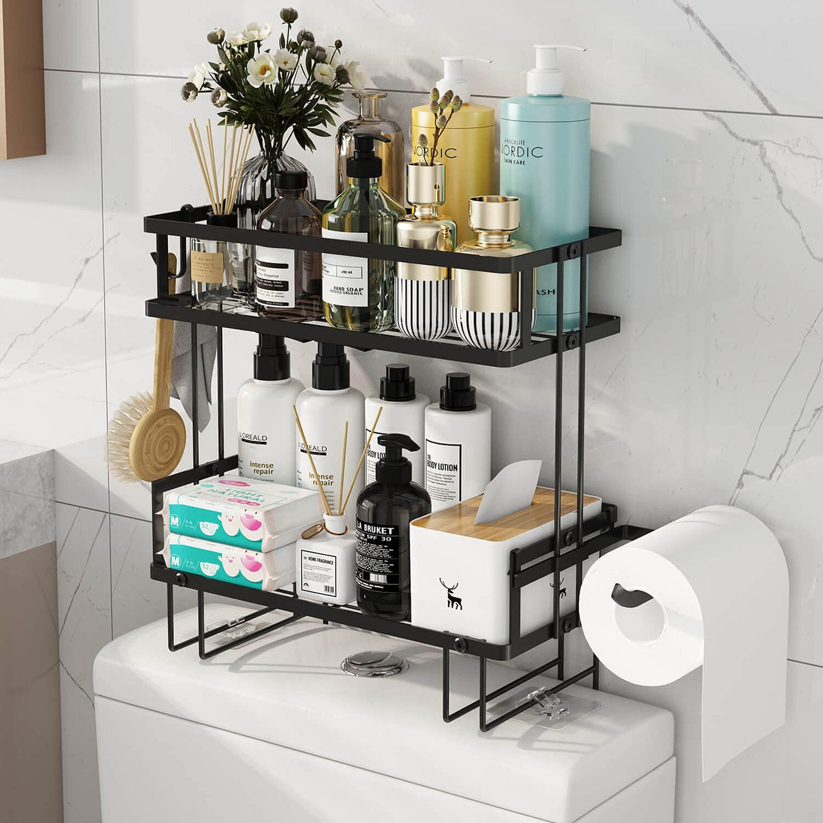 Godboat over-toilet 2-tier bathroom organizer keeps daily essentials accessible.