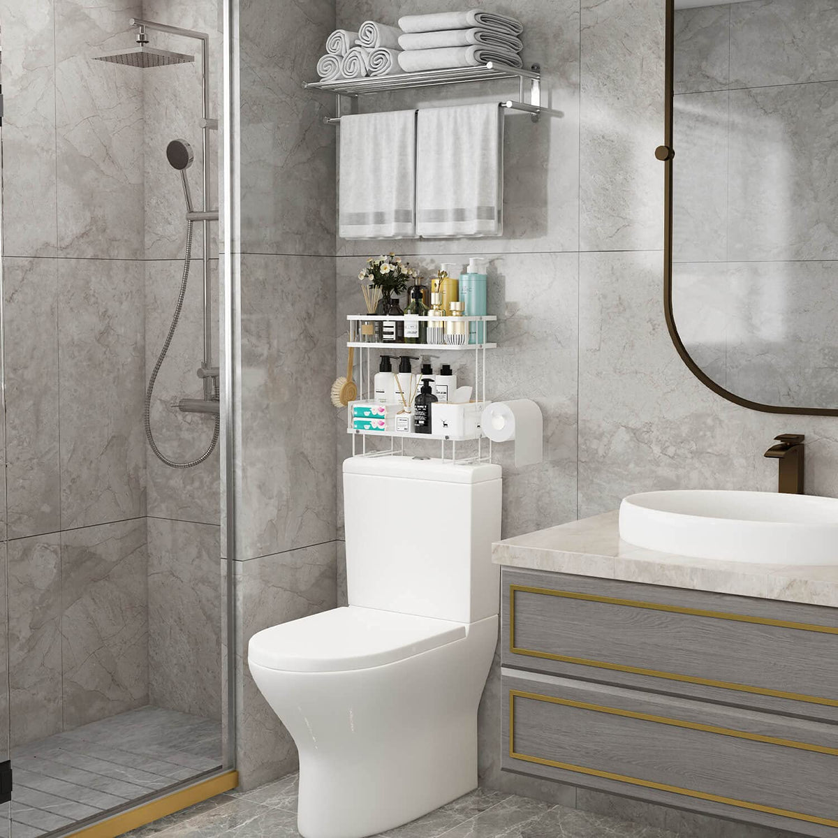 Godboat toilet rack shows sturdy legs and adhesive for stable mounting.