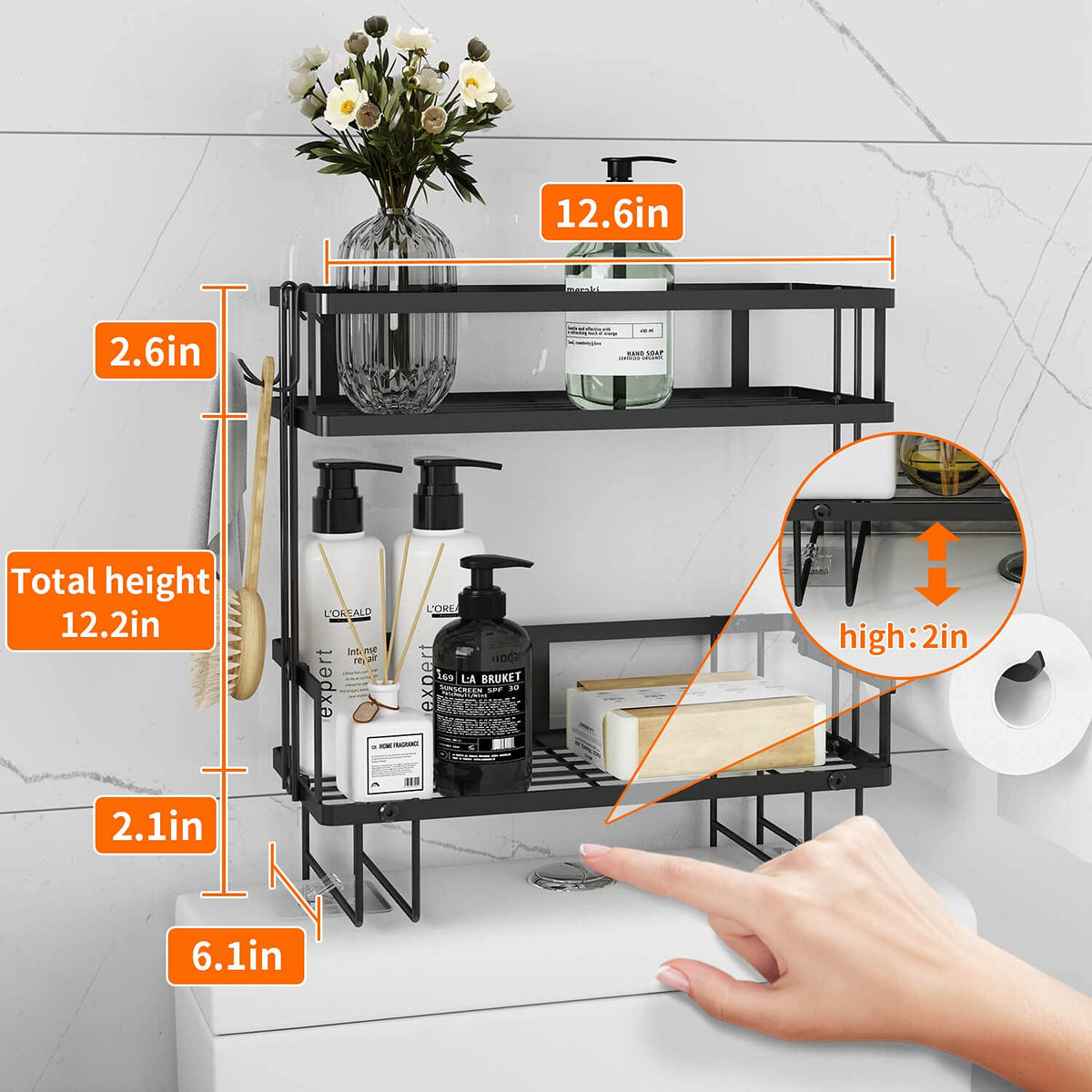 Godboat toilet storage with hooks keeps towels and brushes tidy.