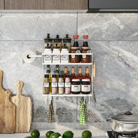 Godboat wall shelf with hooks and paper rack offers versatile storage.