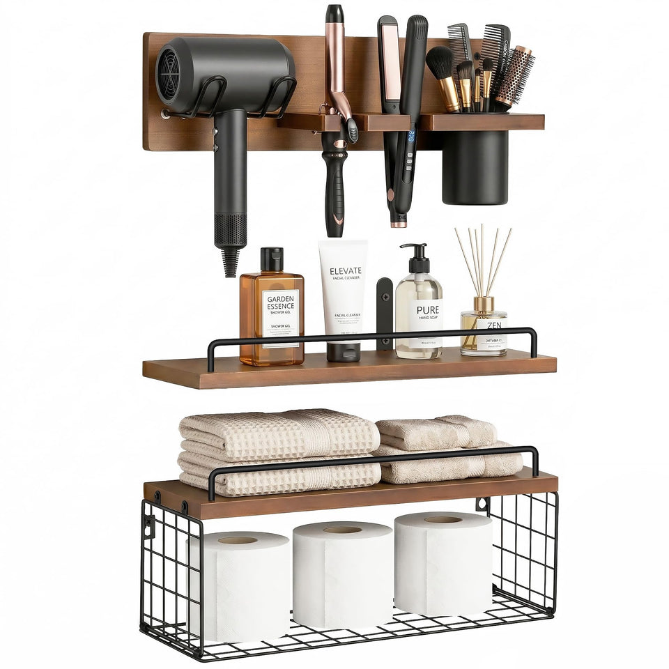 GODDGITT 3-tier bathroom shelf with curling iron holder keeps tools organized and accessible.