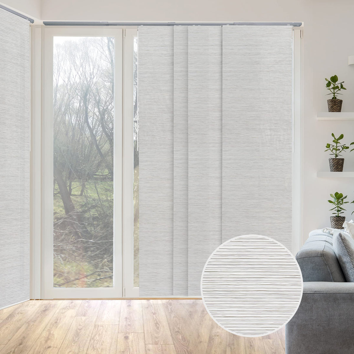 GoDear Design marble panel track blinds showing wide 45–86 inch adjustable privacy