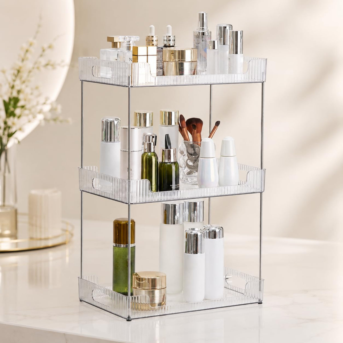 Goderewild 3-tier bathroom counter organizer displaying an elegant skincare arrangement.