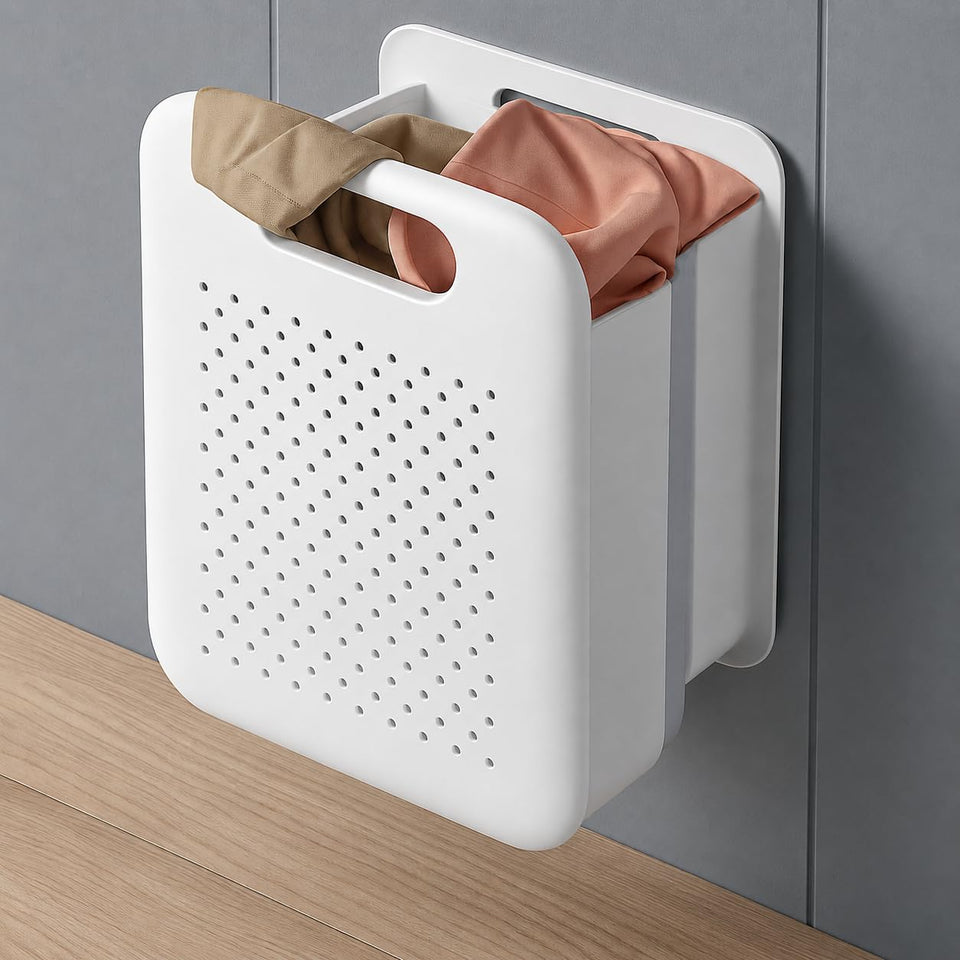 Goderewild collapsible laundry basket wall-mounted, space-saving design for compact rooms.
