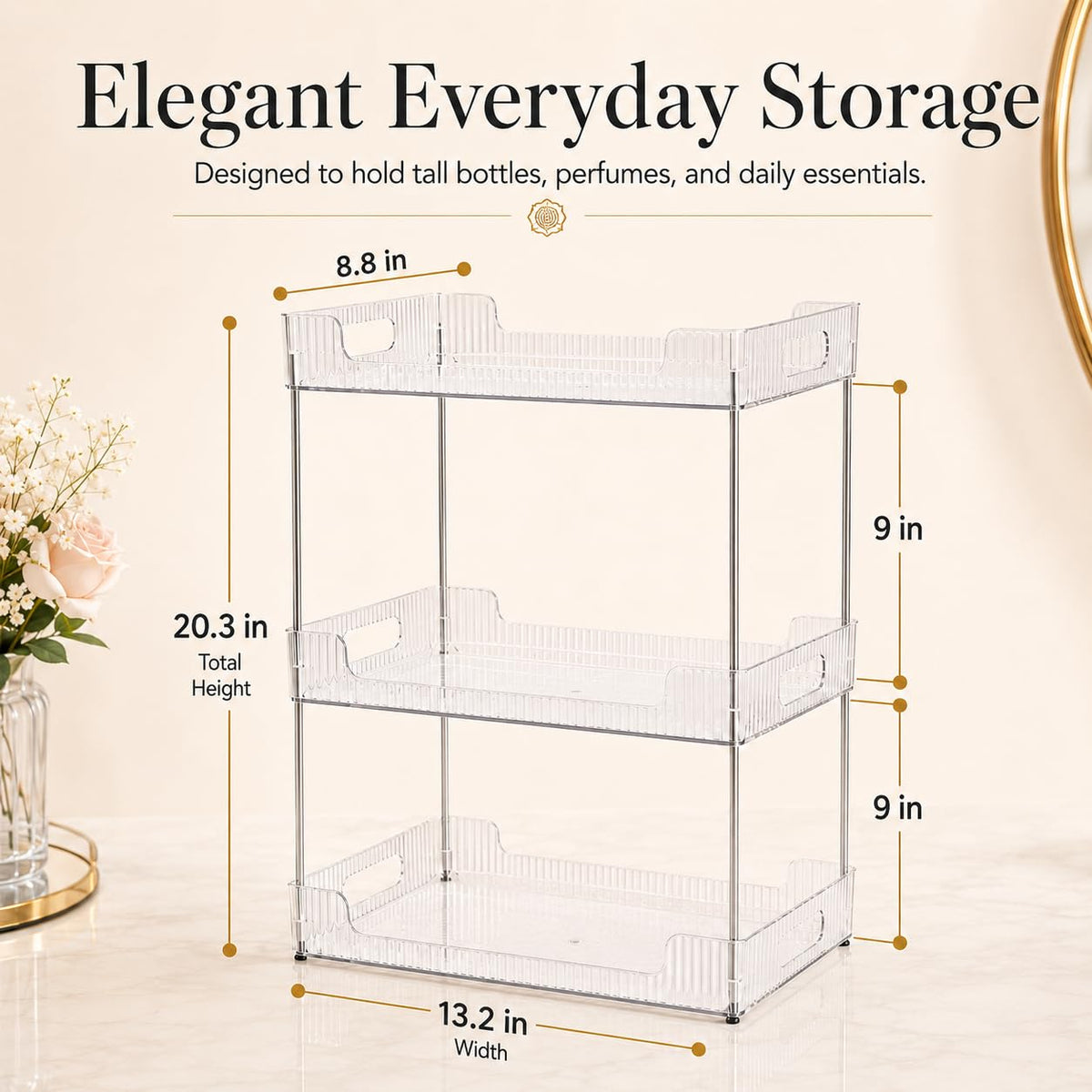 Goderewild skincare shelf showing A4-width design for easy storage of cosmetics and documents.
