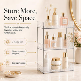Goderewild space-saving multi-level storage pictured on a vanity.