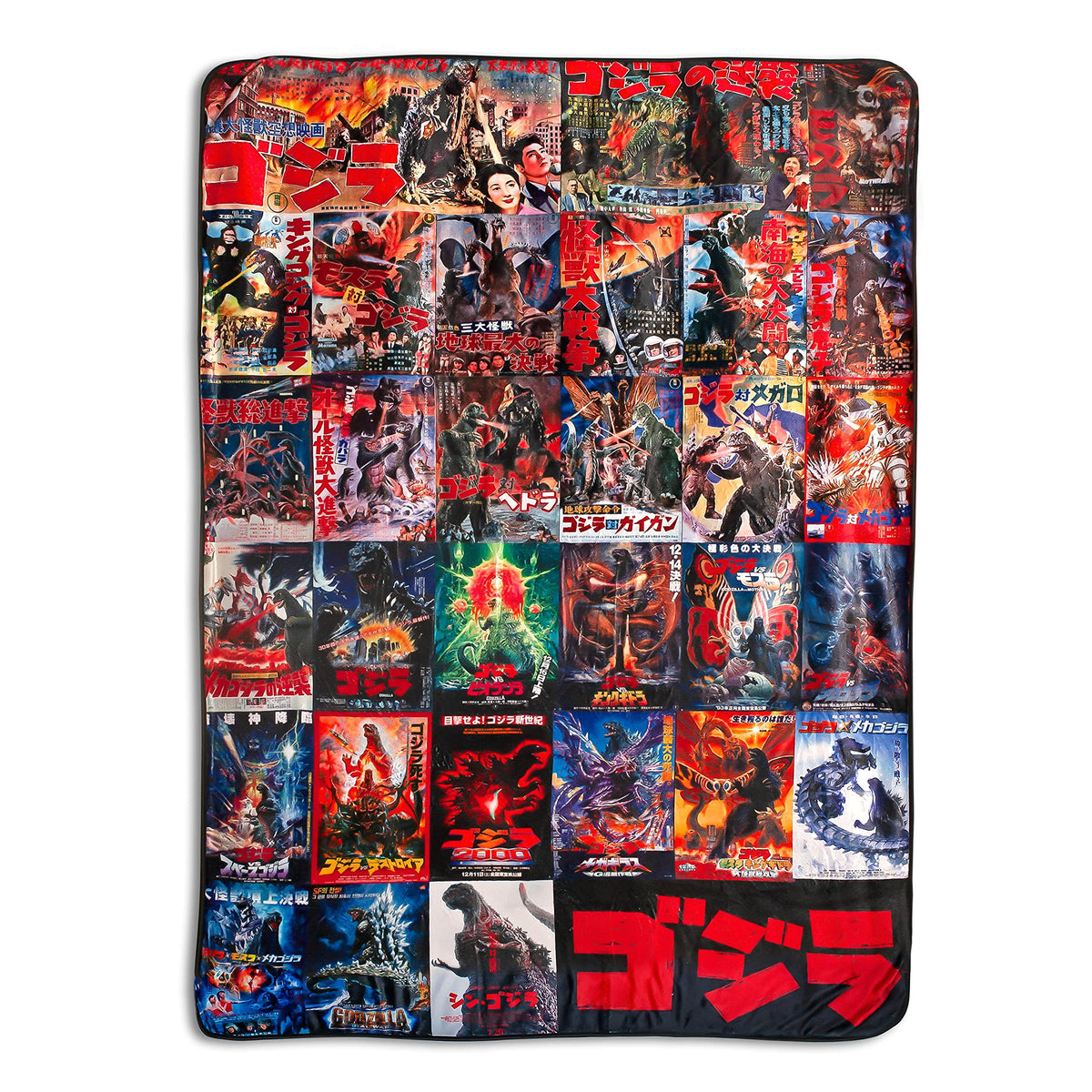 Godzilla poster collage throw highlights classic kaiju posters for cozy movie nights.