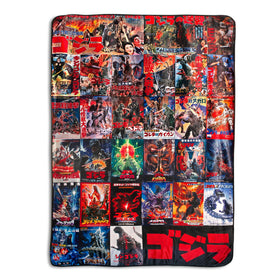 Godzilla poster collage throw highlights classic kaiju posters for cozy movie nights.