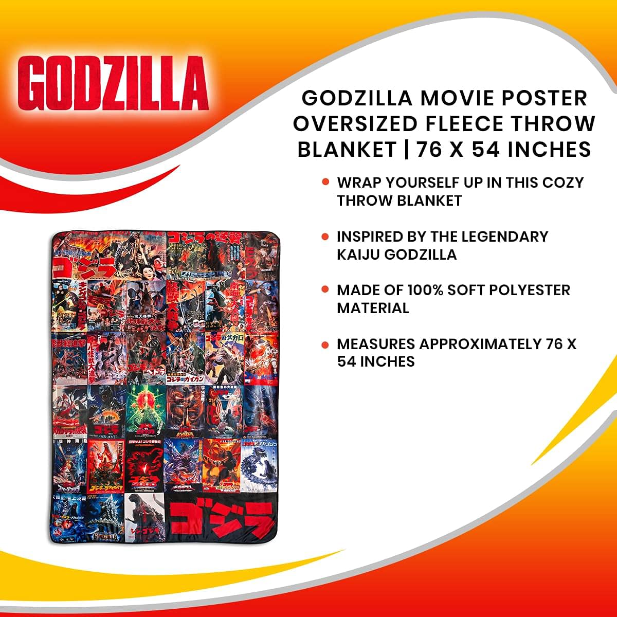 Godzilla throw logo detail close-up highlights official branding.