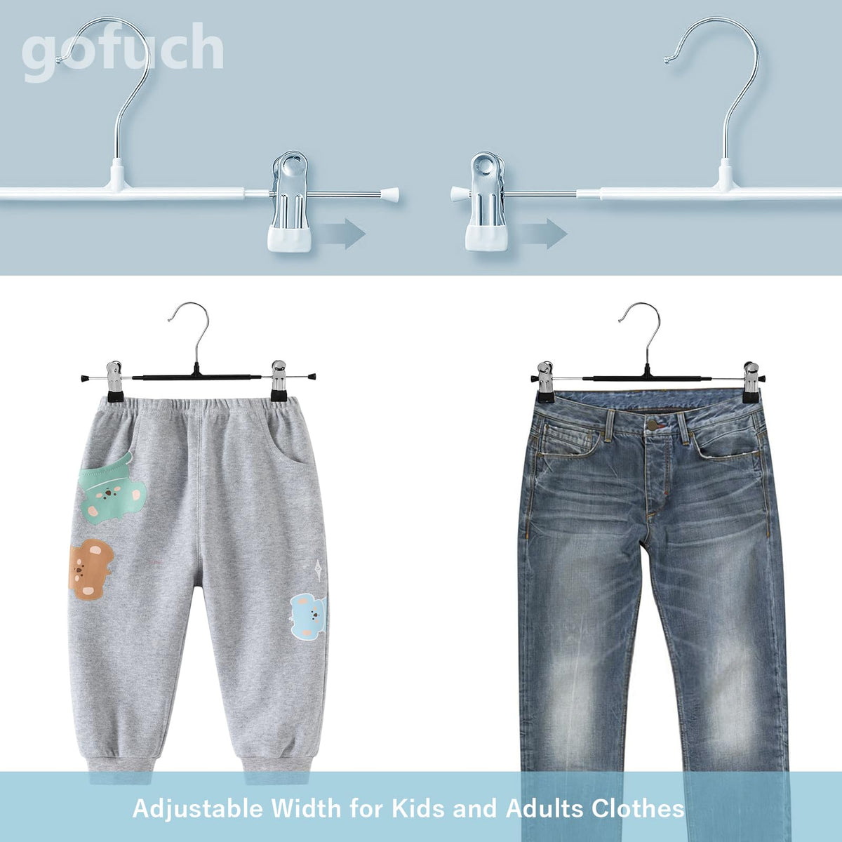 Gofuch adjustable space-saving skirt hangers help maximize closet width.