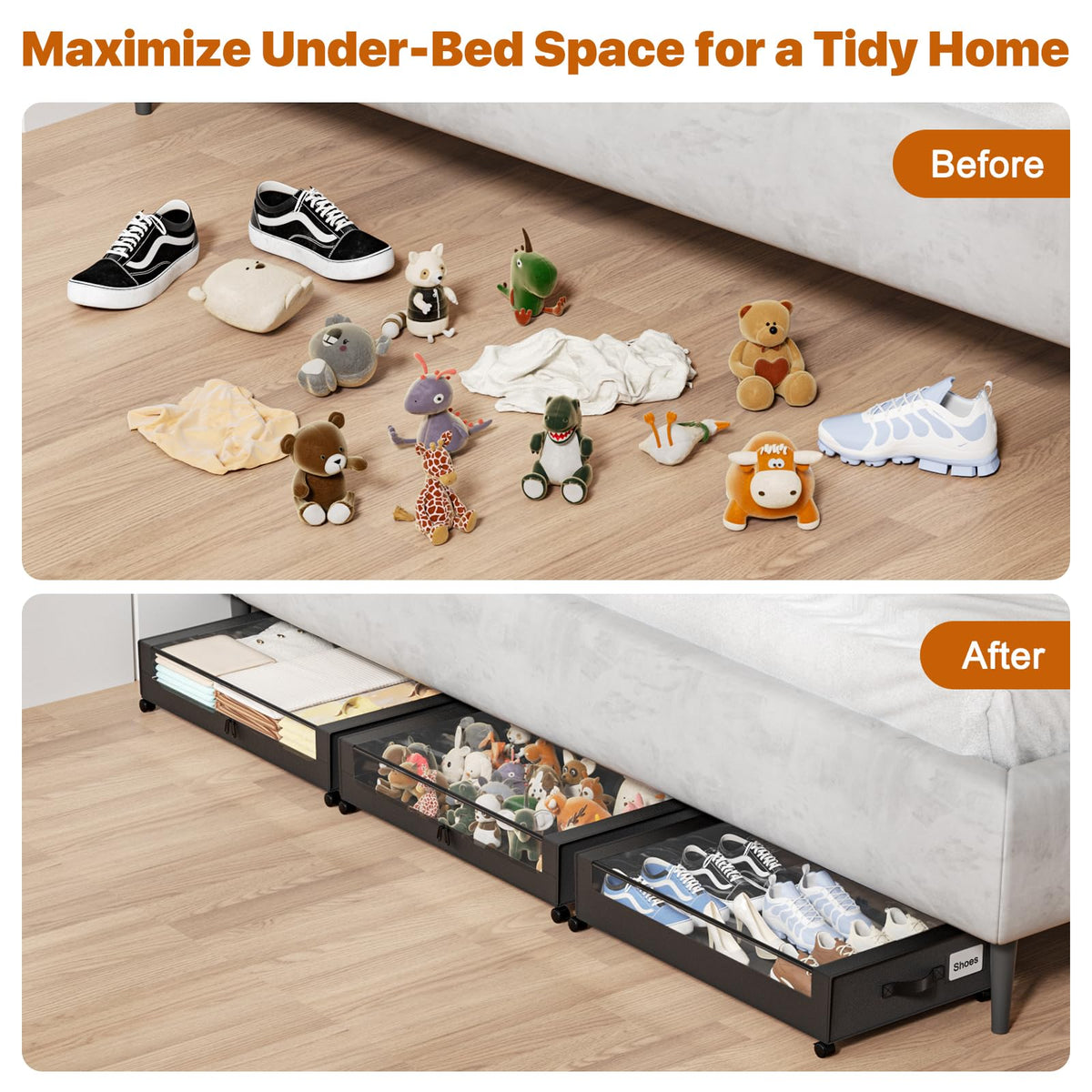GoFujuco under-bed storage fits under beds, sofas, and closets.
