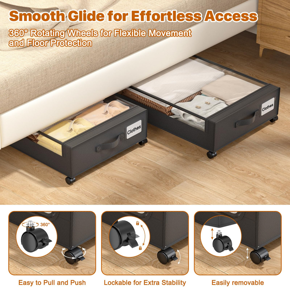 GoFujuco under-bed storage with transparent lid window for quick identification.