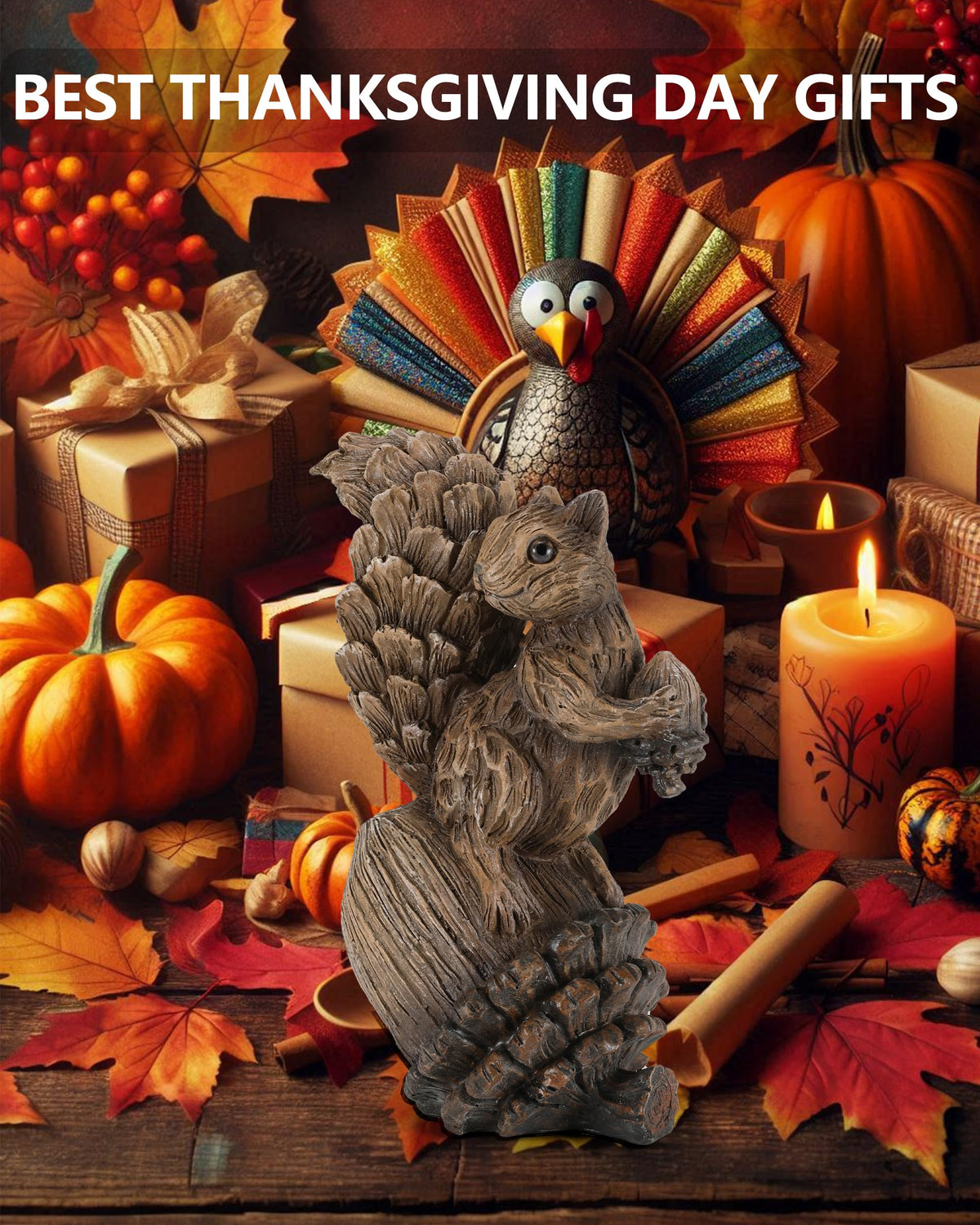 GoGnome warm-toned forest figurine on pinecone creates a seasonal accent.