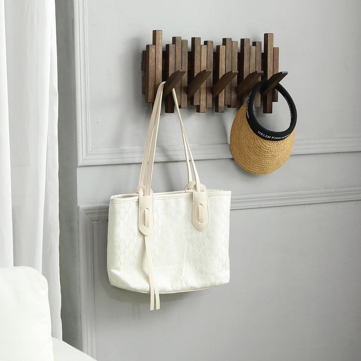 GOGREEBELL Flip-Down Wall Hook Rack 5 Hooks keeps clutter off surfaces.