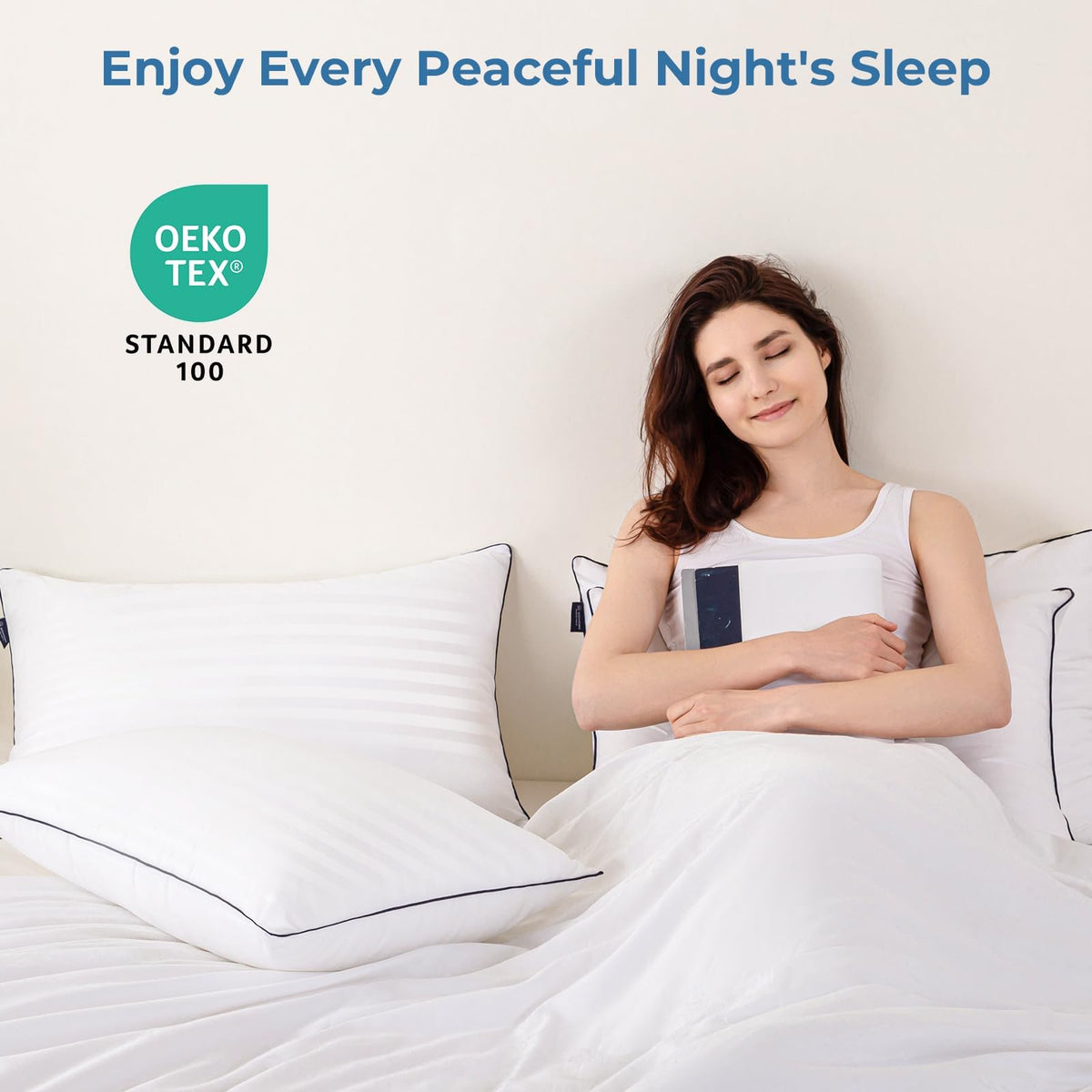 GOHOME pillow queen 4 pack on bed shows complete sleep setup.