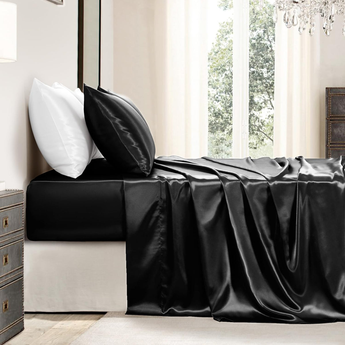 GOLAL satin sheets queen night-time setup suggests restful sleep scene.