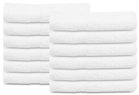 Gold Textiles 12pcs white 20x40 towels folded for easy salon and gym use.